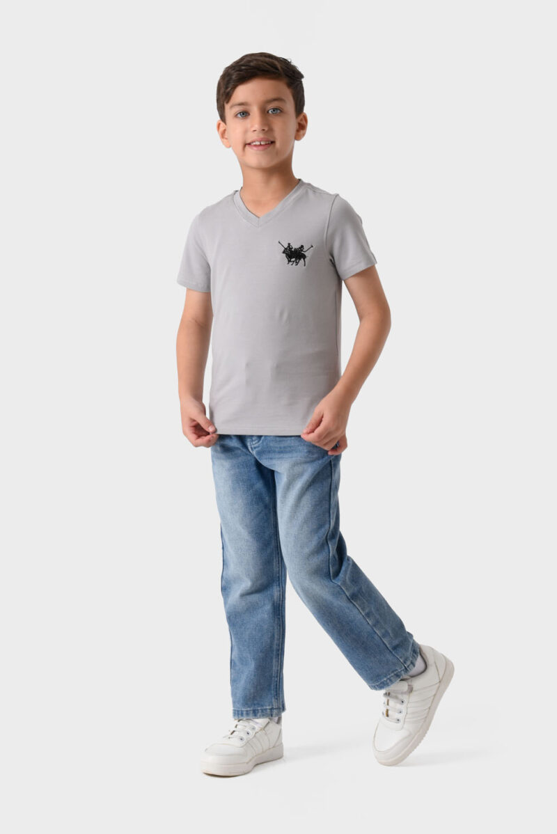 RWB-1S25-E310-2-1 Grey Basic V-Neck T-Shirt For Boys, Regular Fit