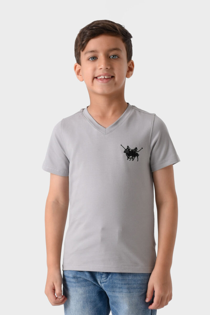 RWB-1S25-E310-2-2 Grey Basic V-Neck T-Shirt For Boys, Regular Fit