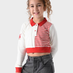 Red and White Cotton Polo Shirt For Girls - Regular Fit