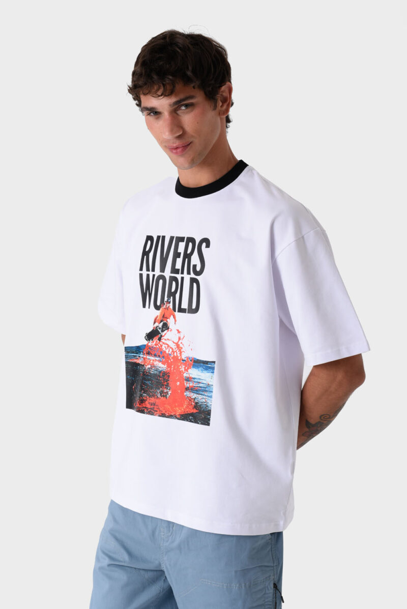 RWM-1S25-E116-3 White Men's Printed T-Shirt, Loose Fit