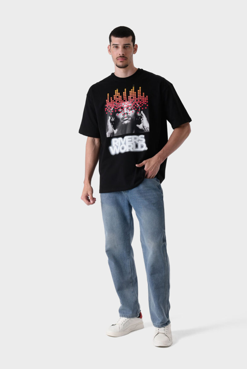 RWM-1S25-E119-1 Black Printed T-Shirt For Men, Loose Fit