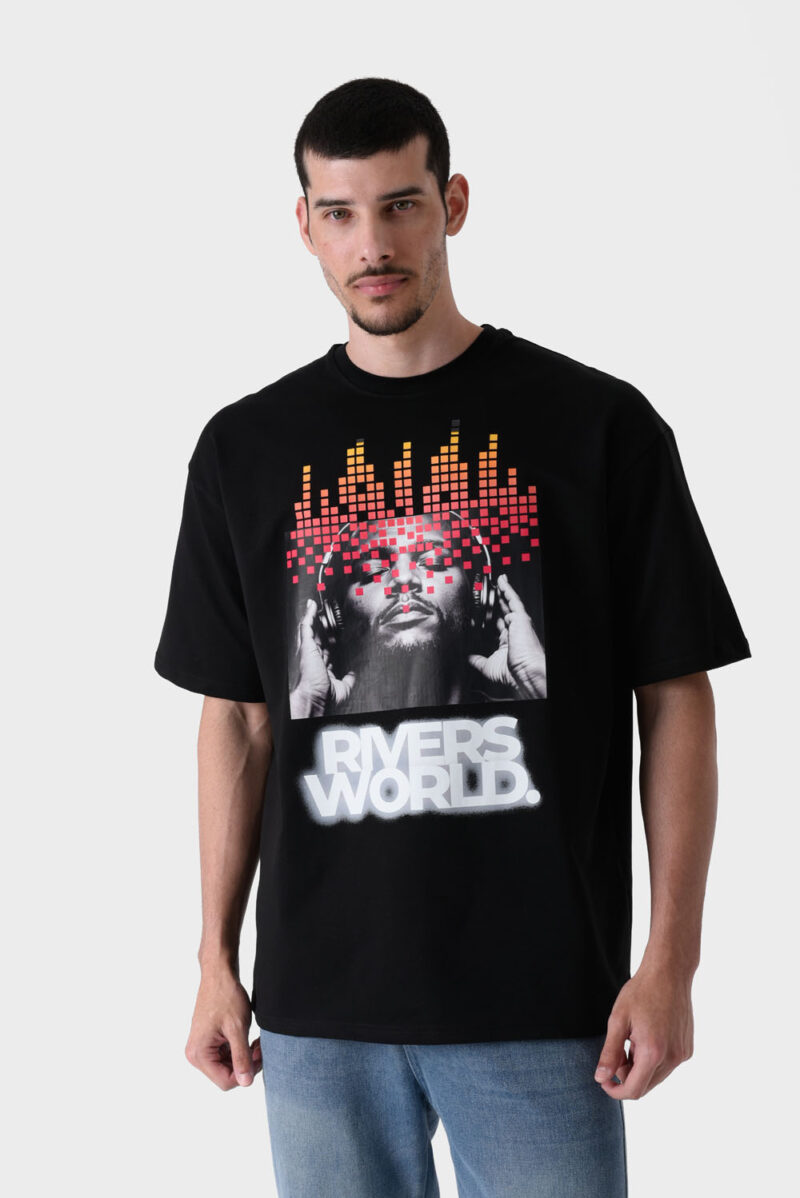 RWM-1S25-E119-2 Black Printed T-Shirt For Men, Loose Fit