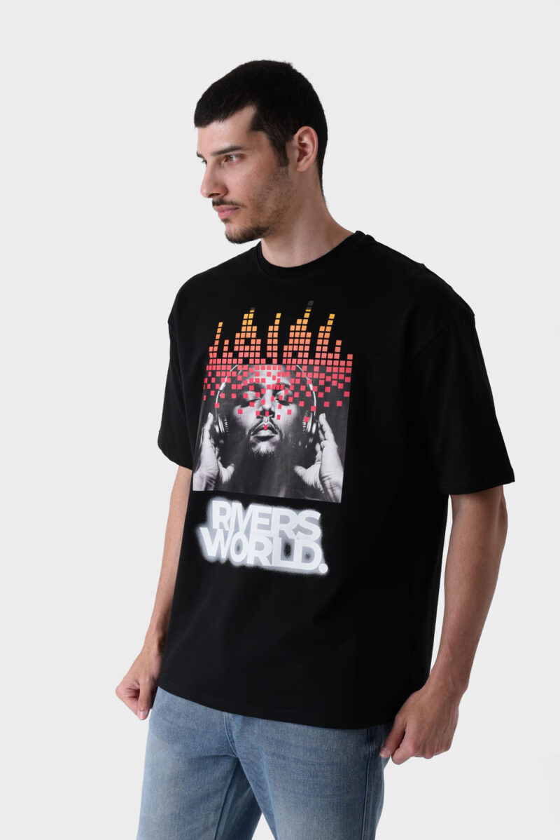 RWM-1S25-E119-3 Black Printed T-Shirt For Men, Loose Fit