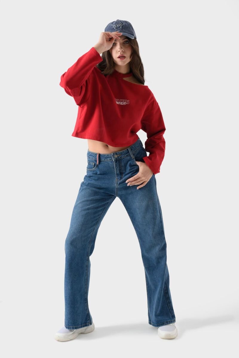 Red Cotton Sweatshirt For Women - Oversized Fit