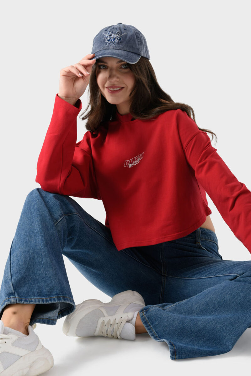 Red Cotton Sweatshirt For Women - Oversized Fit