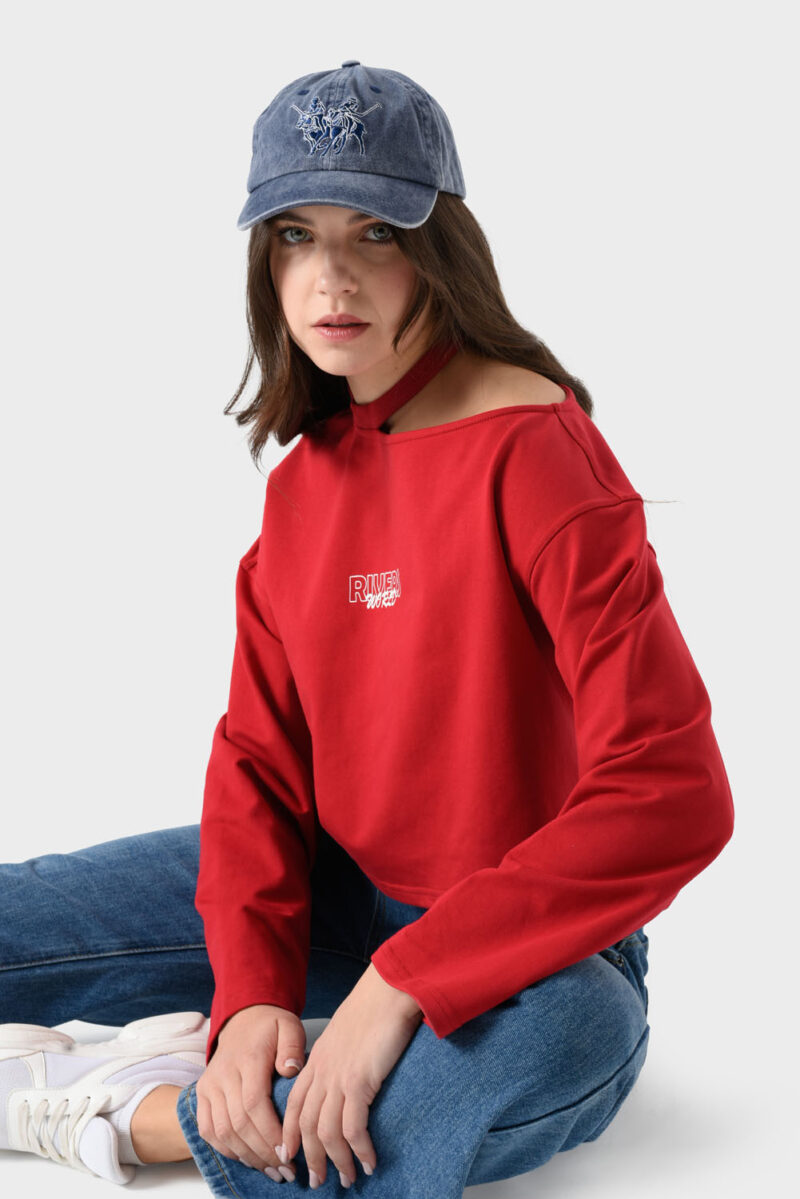 Red Cotton Sweatshirt For Women - Oversized Fit