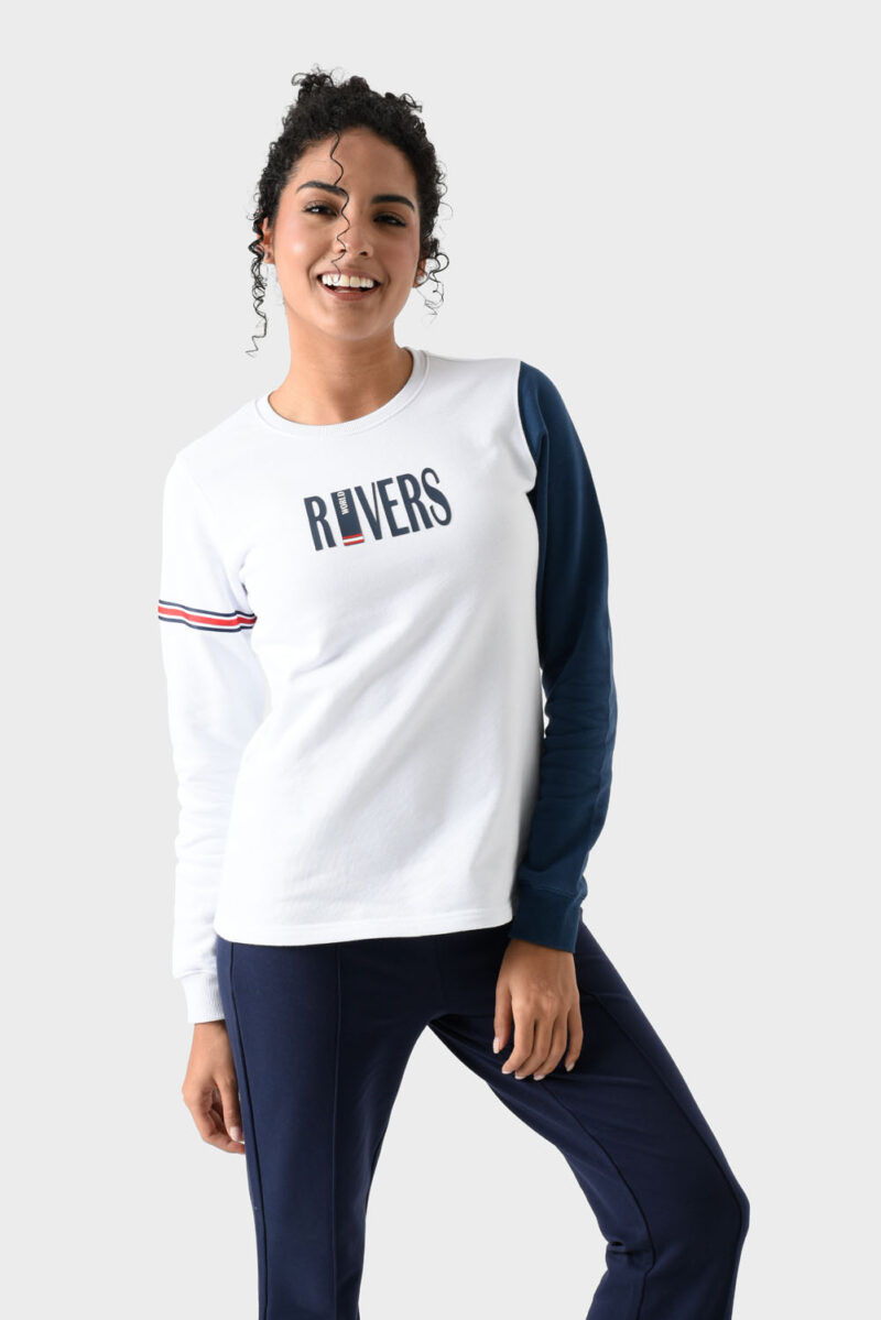 RWW-1W25-214 (3) White and Navy Cotton Sweatshirt For Women - Regular Fit