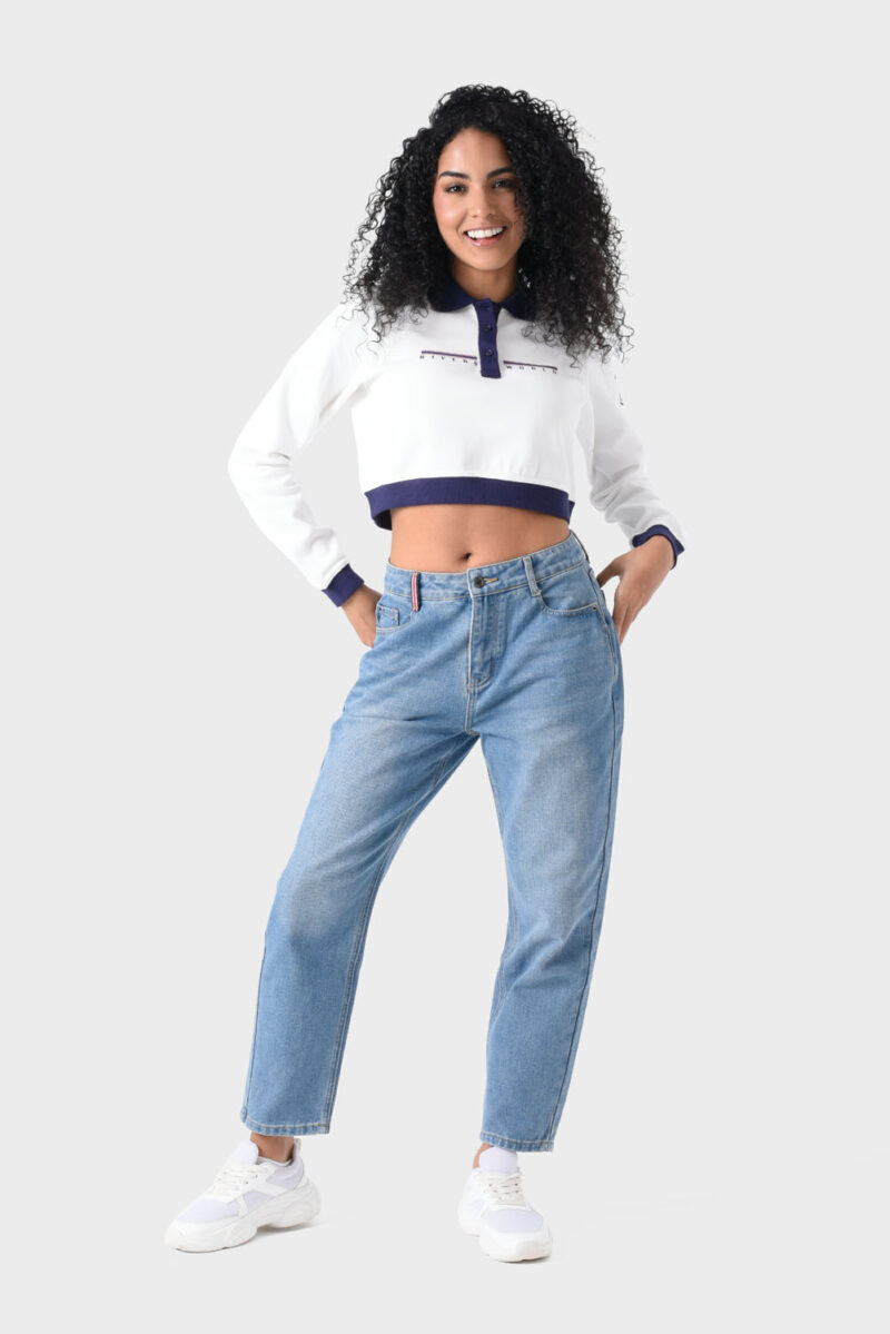 White and Navy Cotton Polo Shirt For Women - Regular Fit