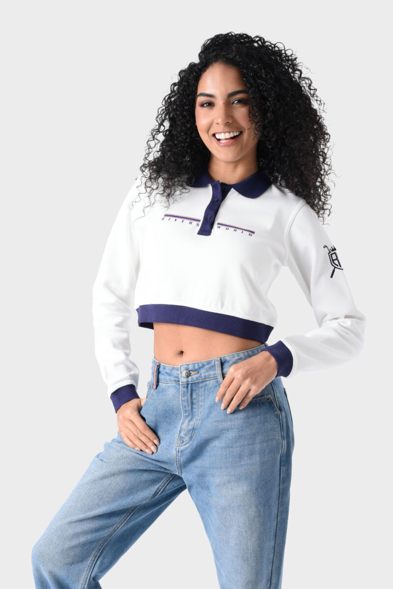 White and Navy Cotton Polo Shirt For Women - Regular Fit