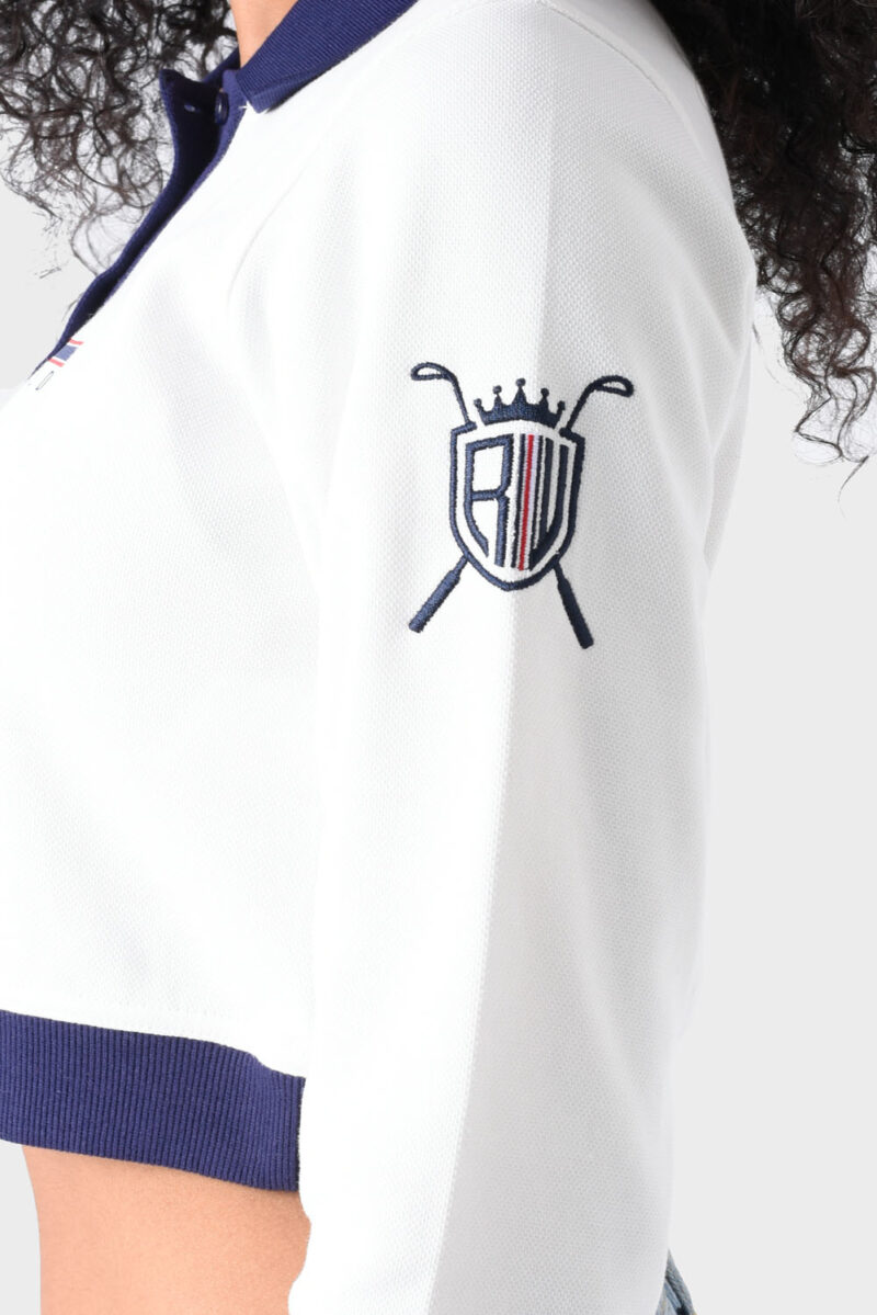White and Navy Cotton Polo Shirt For Women - Regular Fit