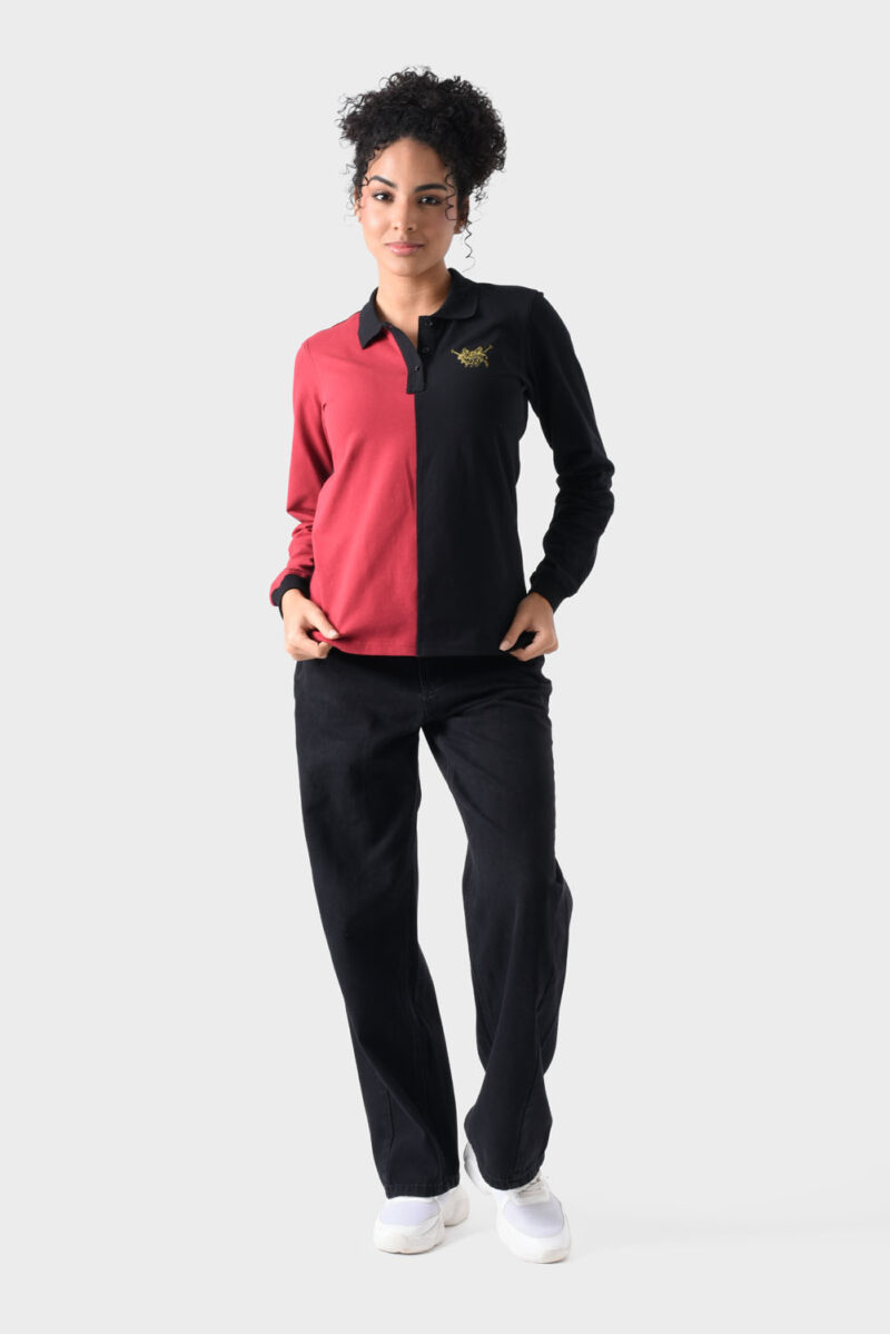Red and Black Cotton Polo Shirt For Women - Regular Fit