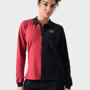 Red and Black Cotton Polo Shirt For Women - Regular Fit