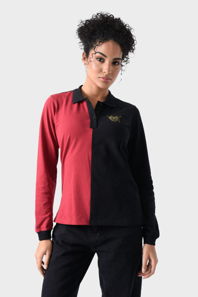 Red and Black Cotton Polo Shirt For Women - Regular Fit