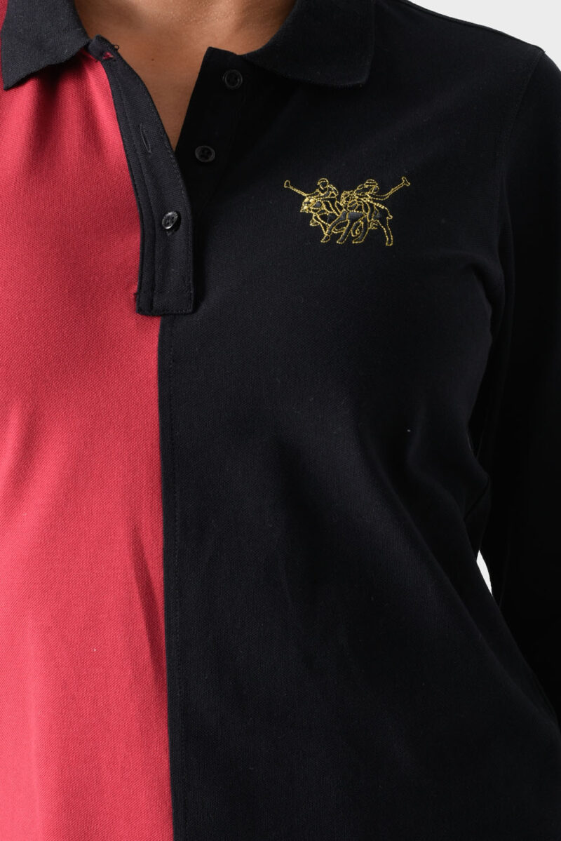 Red and Black Cotton Polo Shirt For Women - Regular Fit