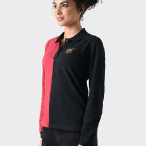 Red and Black Cotton Polo Shirt For Women - Regular Fit