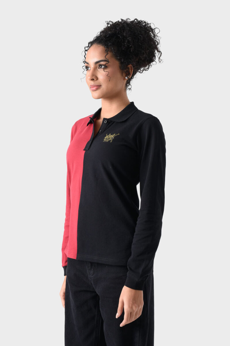 Red and Black Cotton Polo Shirt For Women - Regular Fit