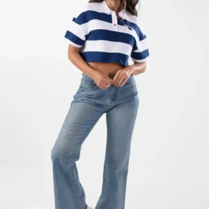 Striped White & Navy Polo Shirt For Women, Oversized Fit