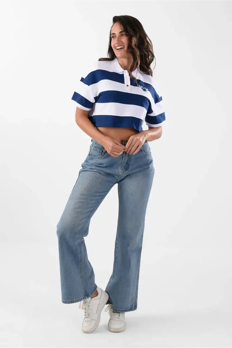 Striped White & Navy Polo Shirt For Women, Oversized Fit