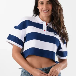 Striped White & Navy Polo Shirt For Women, Oversized Fit