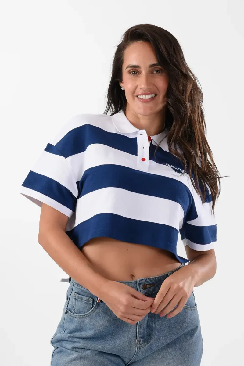 Striped White & Navy Polo Shirt For Women, Oversized Fit