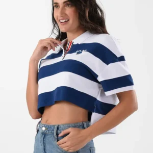 Striped White & Navy Polo Shirt For Women, Oversized Fit