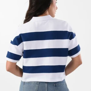 Striped White & Navy Polo Shirt For Women, Oversized Fit
