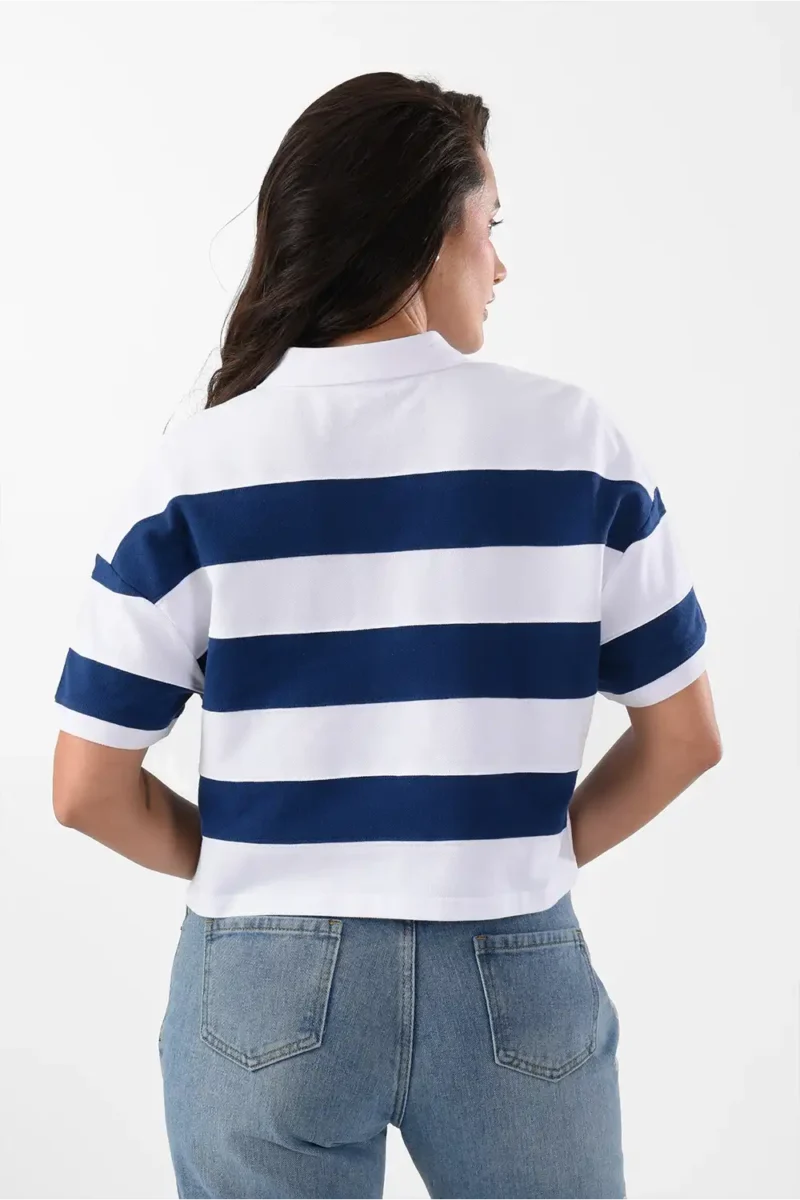 Striped White & Navy Polo Shirt For Women, Oversized Fit