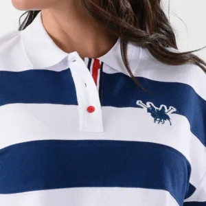 Striped White & Navy Polo Shirt For Women, Oversized Fit