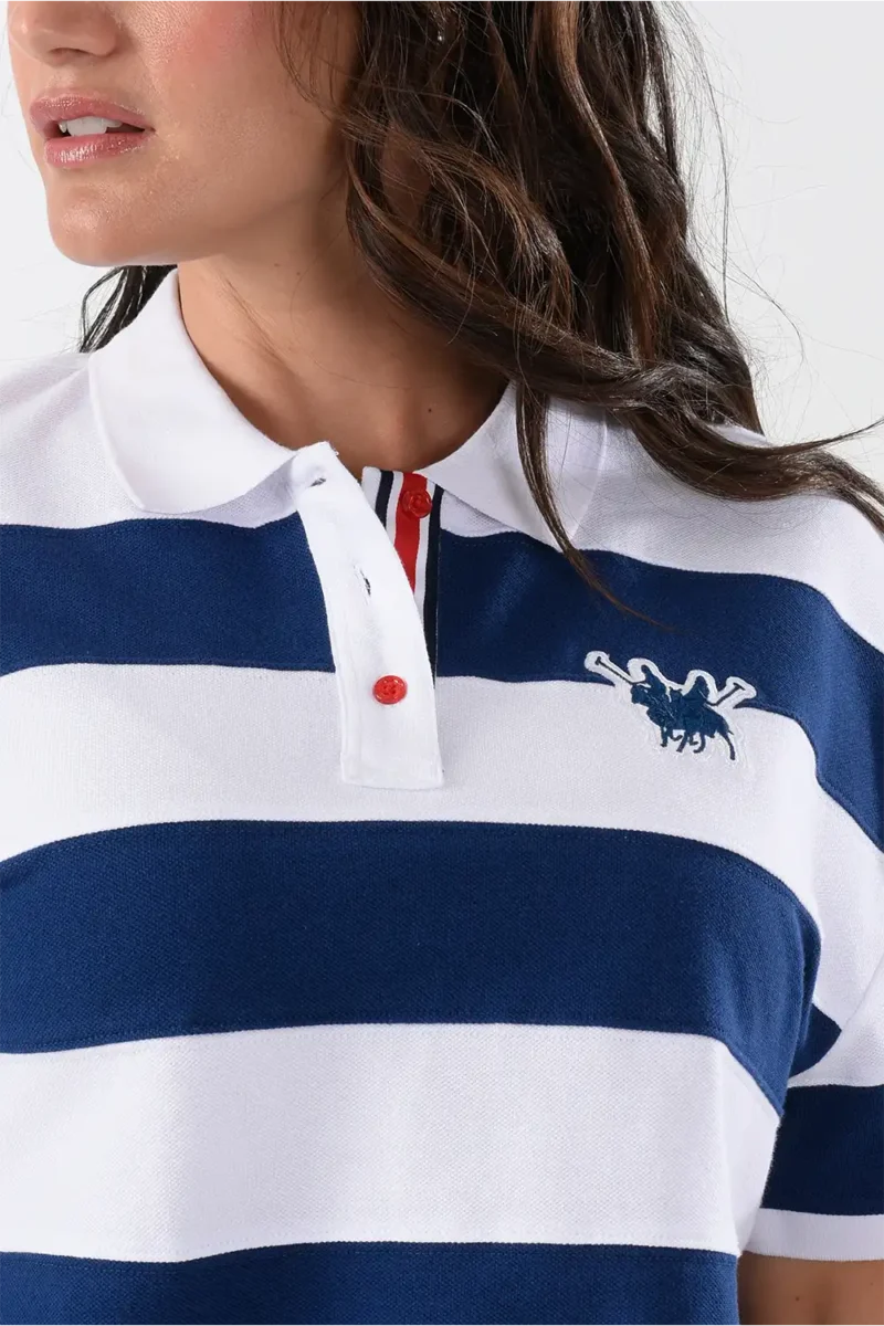 Striped White & Navy Polo Shirt For Women, Oversized Fit