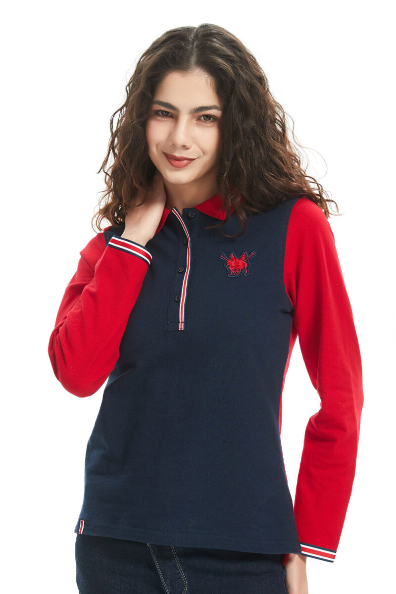 Women's red and navy polo T-shirt, cotton