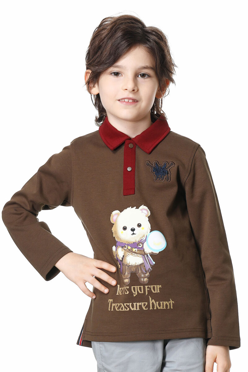 Boys' brown and red polo T-shirt, cotton