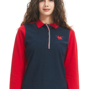 Women's red and navy polo T-shirt, cotton