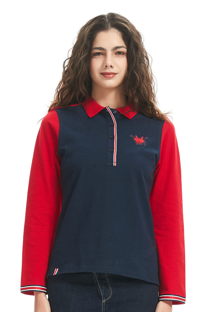 Women's red and navy polo T-shirt, cotton