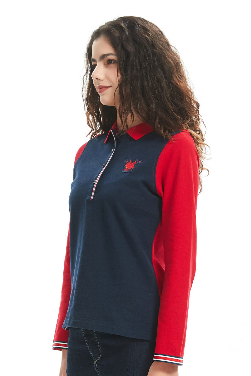 Women's red and navy polo T-shirt, cotton